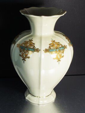 Elegant Vintage Ivory Porcelain Vase Gold & Turquoise Accents Classic Home Decor